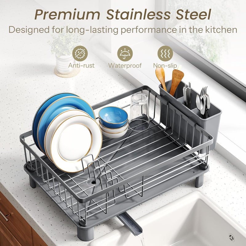 SNTD Dish Drying Rack - Small Dish Rack for Kitchen Counter, Stainless Steel Dish Drainer with Utensil Holder and Drainboard, 11" W x 15" L (Grey) - Image 5